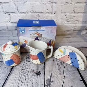 Farmhouse Ceramic Stoneware “Rooster” pattern Sugar, Creamer & Napkin Holder Set
